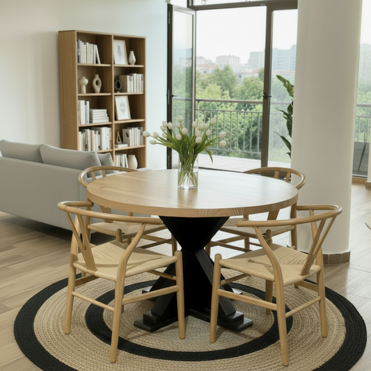 Comedor Romana Natural + 4 Sillas Wishbone Mesa