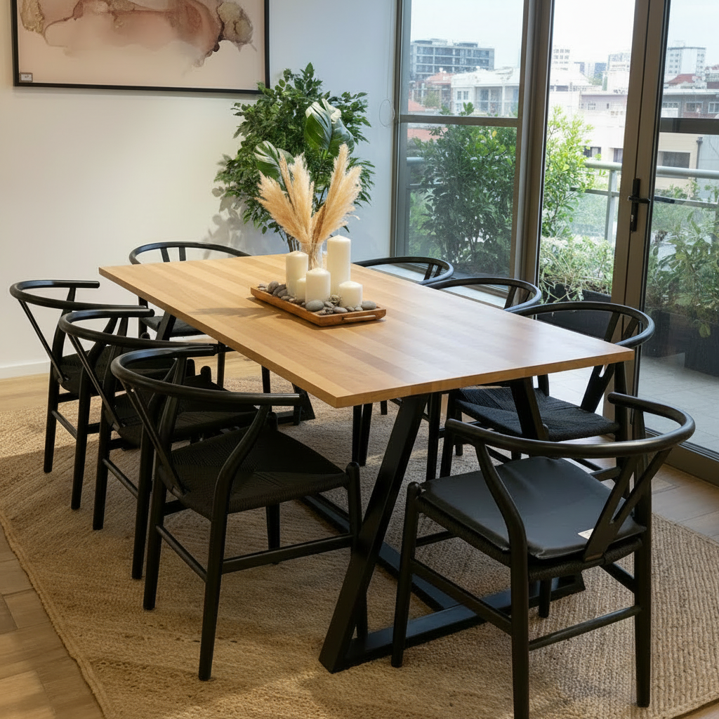 Comedor Genova 8P + 8 Sillas Wishbone Black Mesa