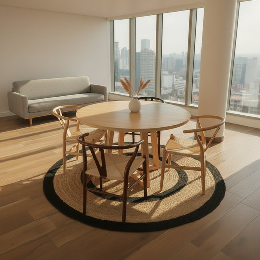 Comedor Carlota Natural + 4 Sillas Wishbone Mesa