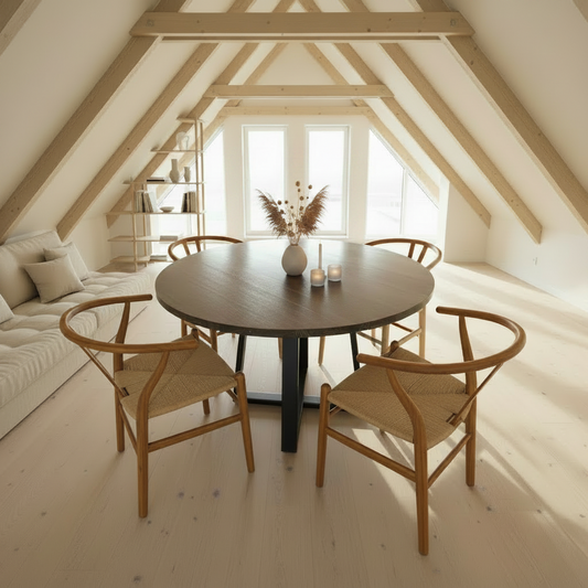 Comedor Clementa Nogal + 4 Sillas Wishbone Mesa