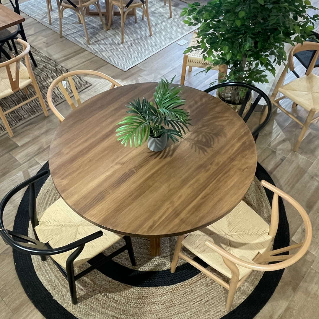 Comedor Carlota Nogal + 4 Sillas Wishbone Mesa