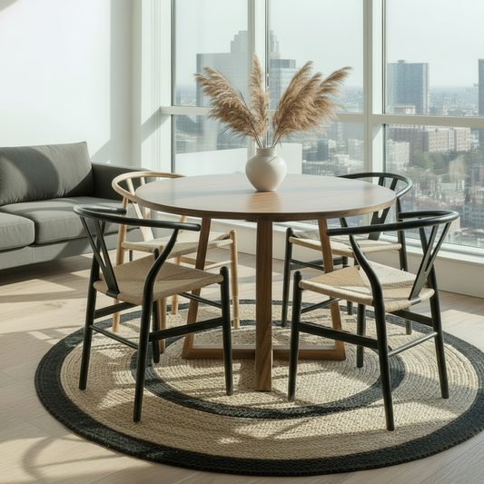 Comedor Carlota Nogal + 4 Sillas Wishbone Mesa