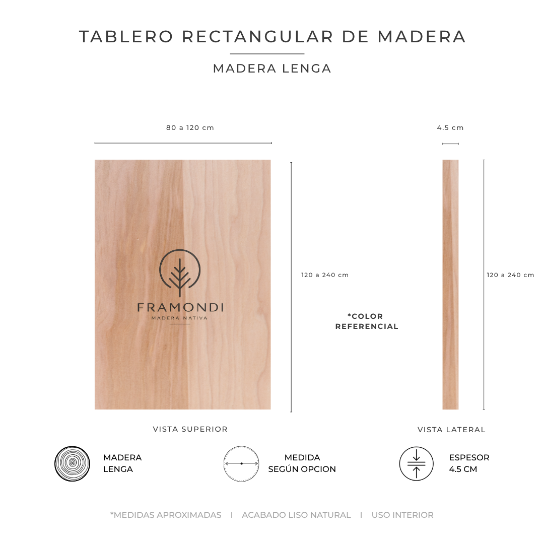 TABLERO RECTANGULAR LENGA 4.5 CM SIN ACABADO