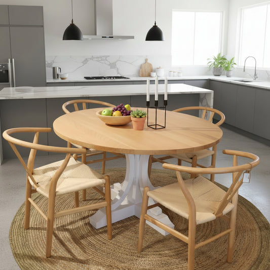 Comedor Isabella Haya Natural + 4 Wishbone Mesa